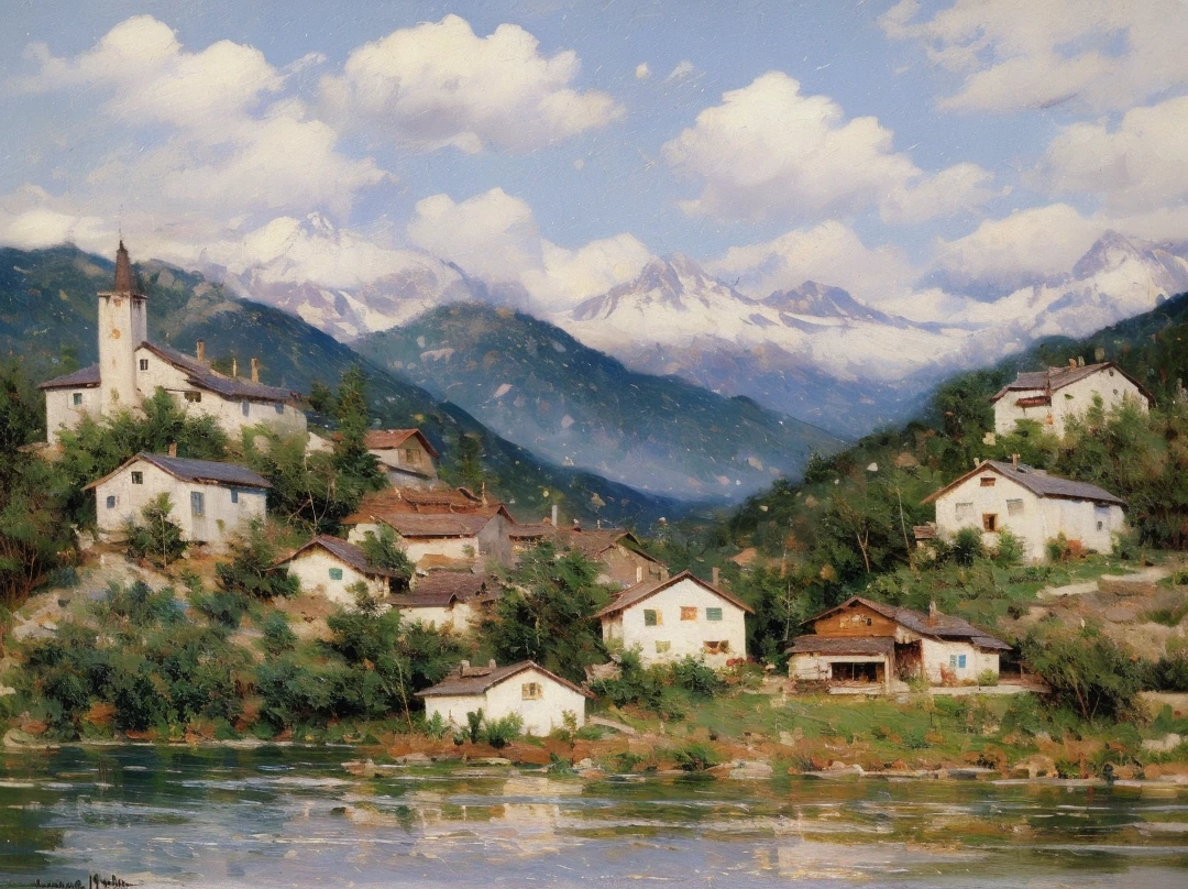 Claude Monetv, Joseph Kleitsch, Impressionism, pronounced brushwork, oil painting, oil brush, bold, vibrant brushwork and unique, elegant style, impressionist painter, mountain landscape with lake and house, blue sky and white clouds, mountains, lake