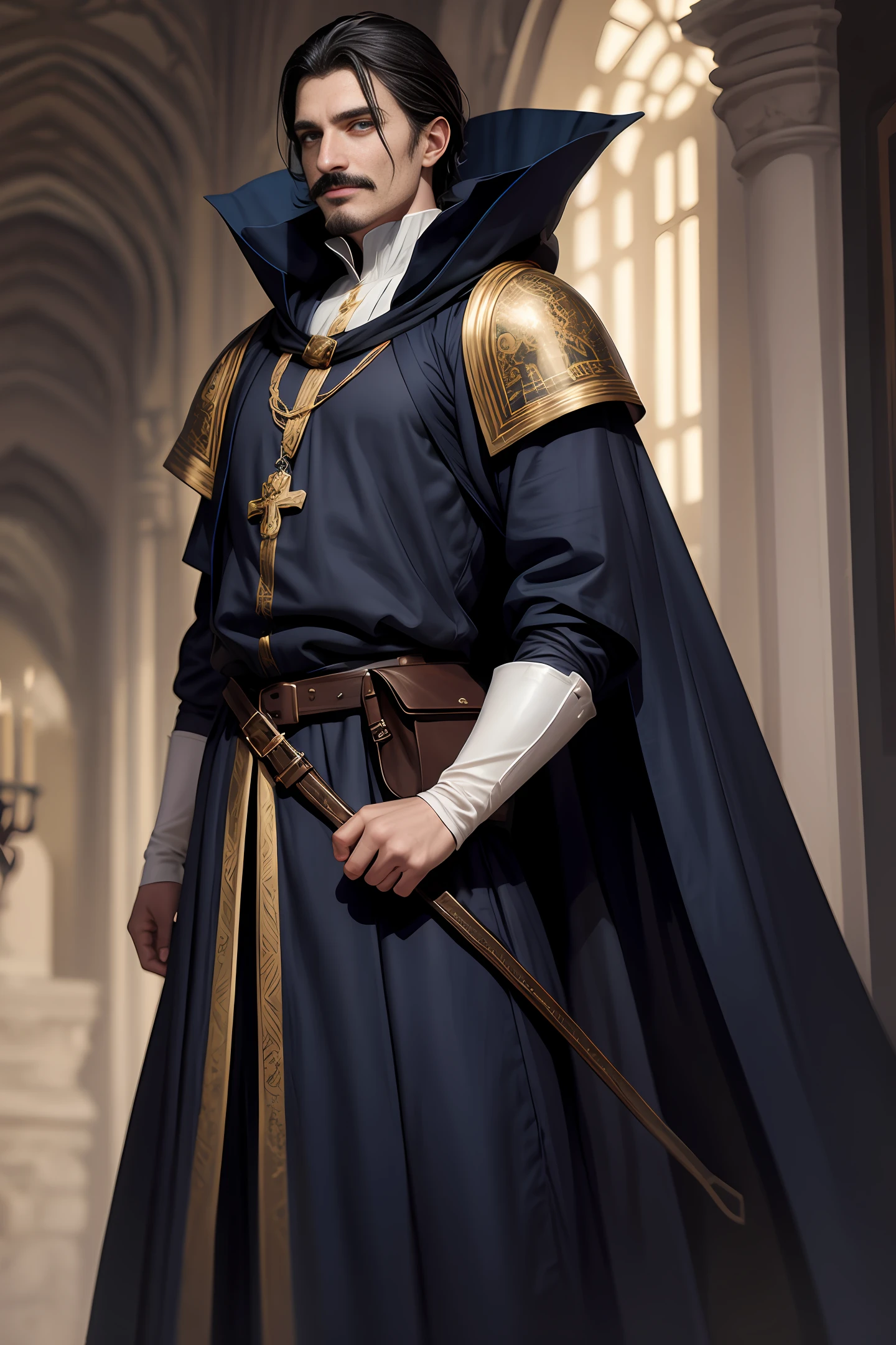 Handsome medieval man, handsome black short hair, a little mustache, British style face, fair skin, dark blue pupils, showing a sly smile, wearing blue and white aristocratic clothing, golden ornamentation all over the clothes On, in a fantasy world.