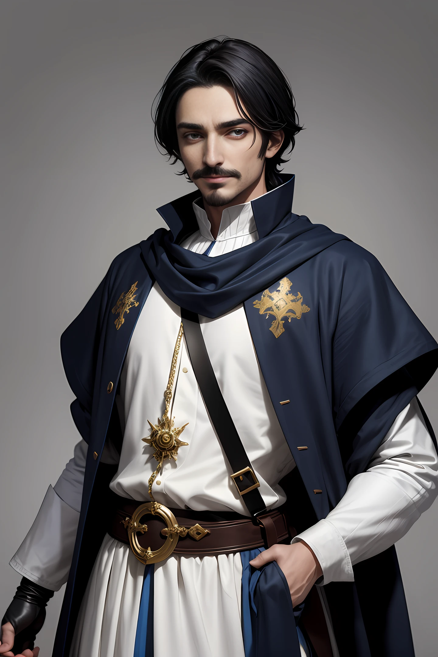 Handsome medieval man, handsome black short hair, a little mustache, British style face, fair skin, dark blue pupils, showing a sly smile, wearing blue and white aristocratic clothing, golden ornamentation all over the clothes On, in a fantasy world.