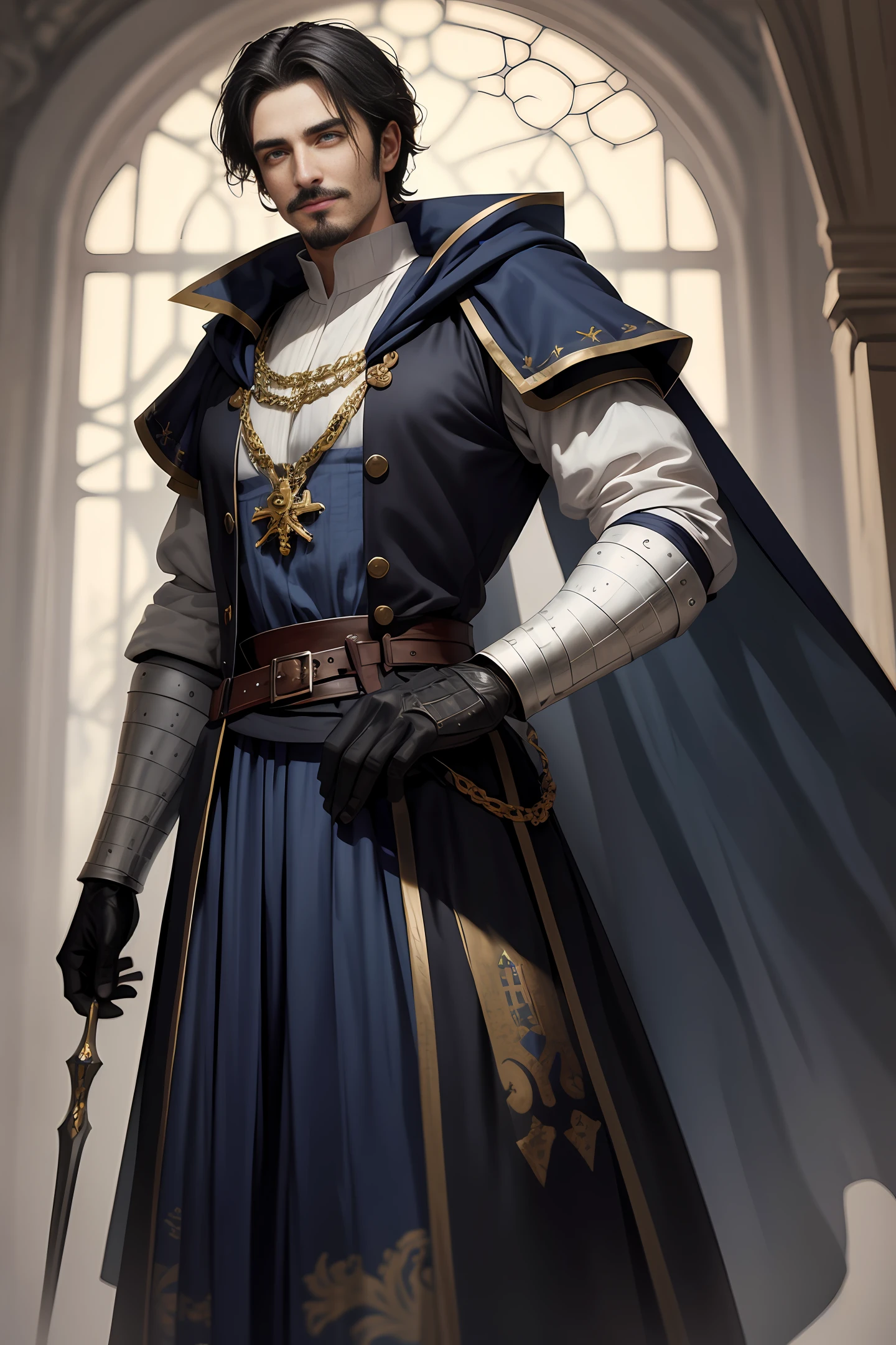 Handsome medieval man, handsome black short hair, a little mustache, British style face, fair skin, dark blue pupils, showing a sly smile, wearing blue and white aristocratic clothing, golden ornamentation all over the clothes On, in a fantasy world.