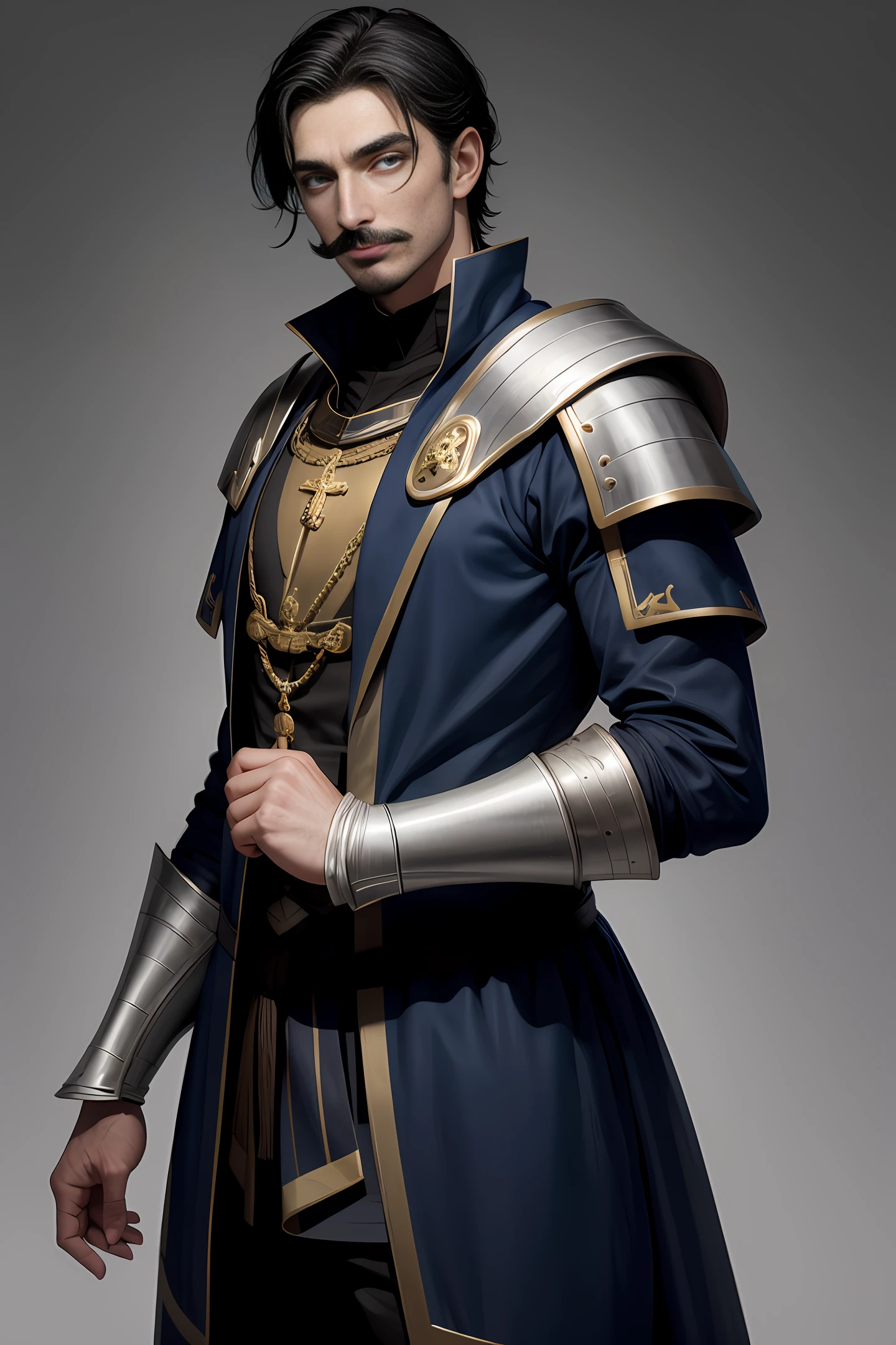 Handsome medieval man, handsome black short hair, a little mustache, British style face, fair skin, dark blue pupils, showing a sly smile, wearing blue and white aristocratic clothing, golden ornamentation all over the clothes On, in a fantasy world.