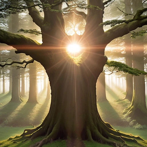 an ancient English oak tree in a forest clearing, sunrise