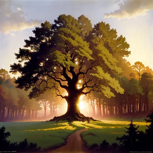 an old English oak tree in a forest clearing, sunrise, angus mcbride
