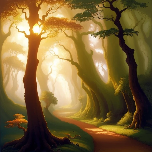 a painting of a path through a forest with trees and a path, hildebrandt, inspired by Christophe Vacher, glowing forest, inspired by Brothers Hildebrandt, by Christophe Vacher, by Brothers Hildebrandt, inspired by the Brothers Hildebrandt, by the Brothers Hildebrandt, beautiful oil matte painting, fantasy forest