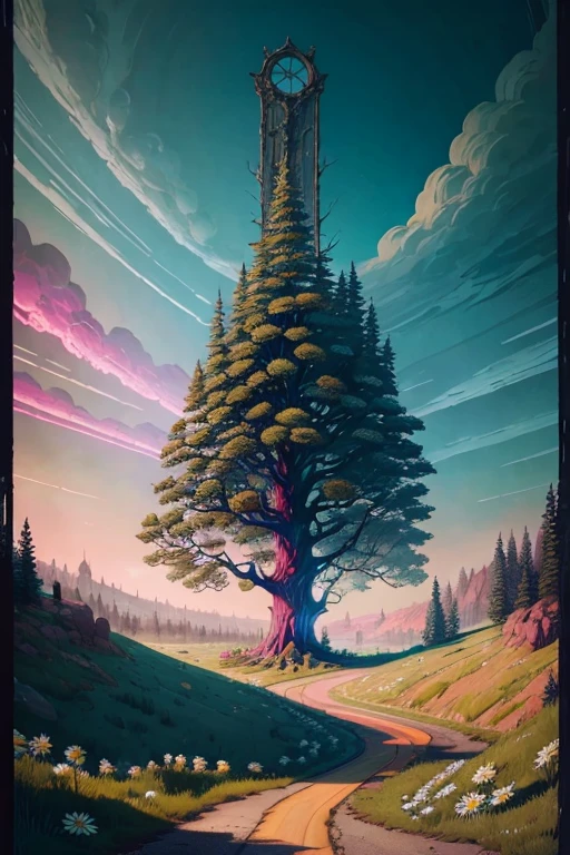 Hyper detailed Twisted Simon StåLenhag style ephemera branch daisies roses highway, ultra-detailed painting, mega-detailed castlecore portal-tree, fantasy, ritualpunk edges, cinematic stunning, detailed matte painting, deep color, fantastical, complementary colors, fantasy concept art, 8k resolution trending on Artstation Unreal Engine 5