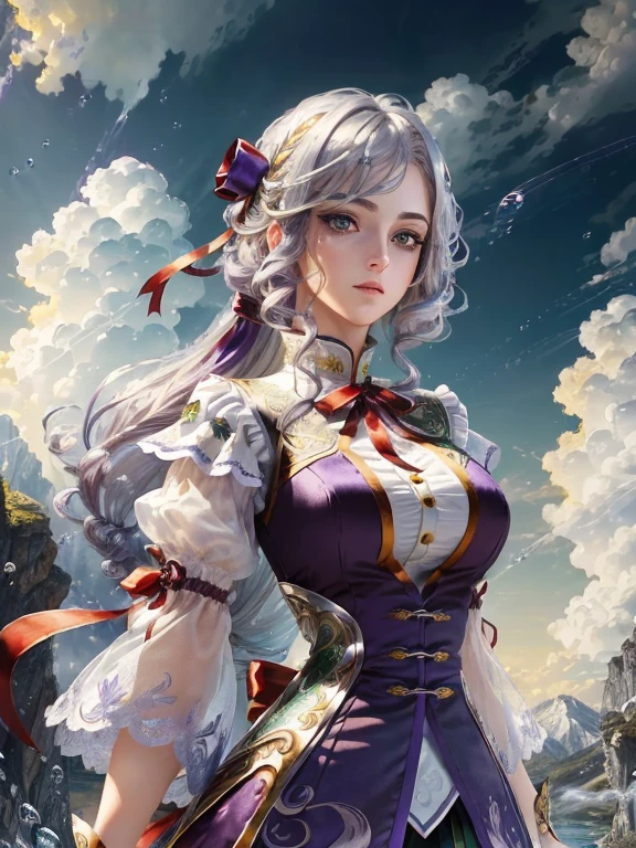 (masterpiece, high quality illustrations, ultra-detailed CG art, stunning 8k wallpaper), dynamic angle, dynamic pose, beautiful woman, (silver hair, purple hair, blue hair, green hair, yellow hair:1.3, red hair:1.2), blue eyes, exquisite white wuxia outfit with neck ribbon, atmospheric water droplets, clouds, twilight, wide shot, watercolor.