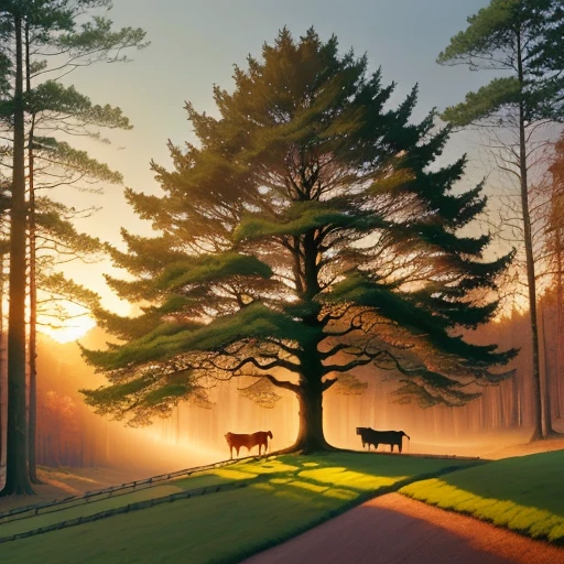 A beautifully crafted stable diffusion masterpiece of an English beech tree standing proud in a forest clearing, basking in the serene beauty of a new day at sunrise, inspired by the work of Angus McBride.