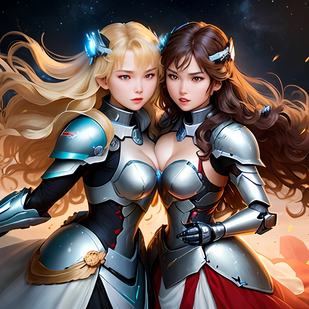 Two beautiful women, clad in gorgeous mecha armor, engage in intense melee combat with amazing fighting skills.