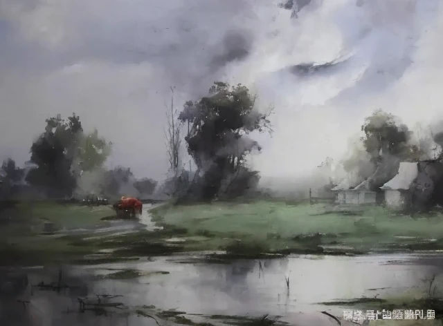Freelance artist, Ilya Viktorovich Ibryaev, famous Russian watercolor painter, watercolor painting, rainy and foggy sky, stagnant water, grass, plants, hazy, dreamy