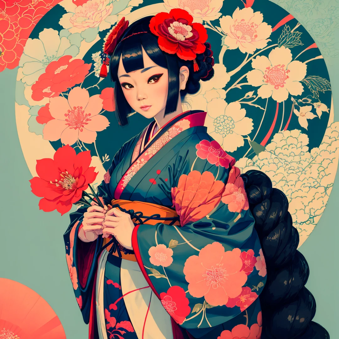 a close up of a woman in a kimono with flowers, japanese art style, in the art style of ukiyo - e, inspired by Takato Yamamoto, sachin teng, satoshi kon artstyle, takato yamamoto aesthetic, japanese inspired poster, inspired by Itō Shinsui, by Shinoda Toko, ukiyoe style, kuvshinov