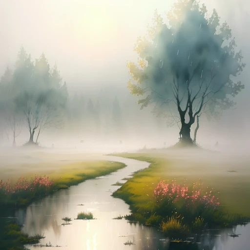 Freelance artist, Ilya Viktorovich Ibryaev, famous Russian watercolor painter, watercolor painting, sky with rain and fog, stagnant water, grass, plants, hazy, dreamy, a little sunlight through the fog