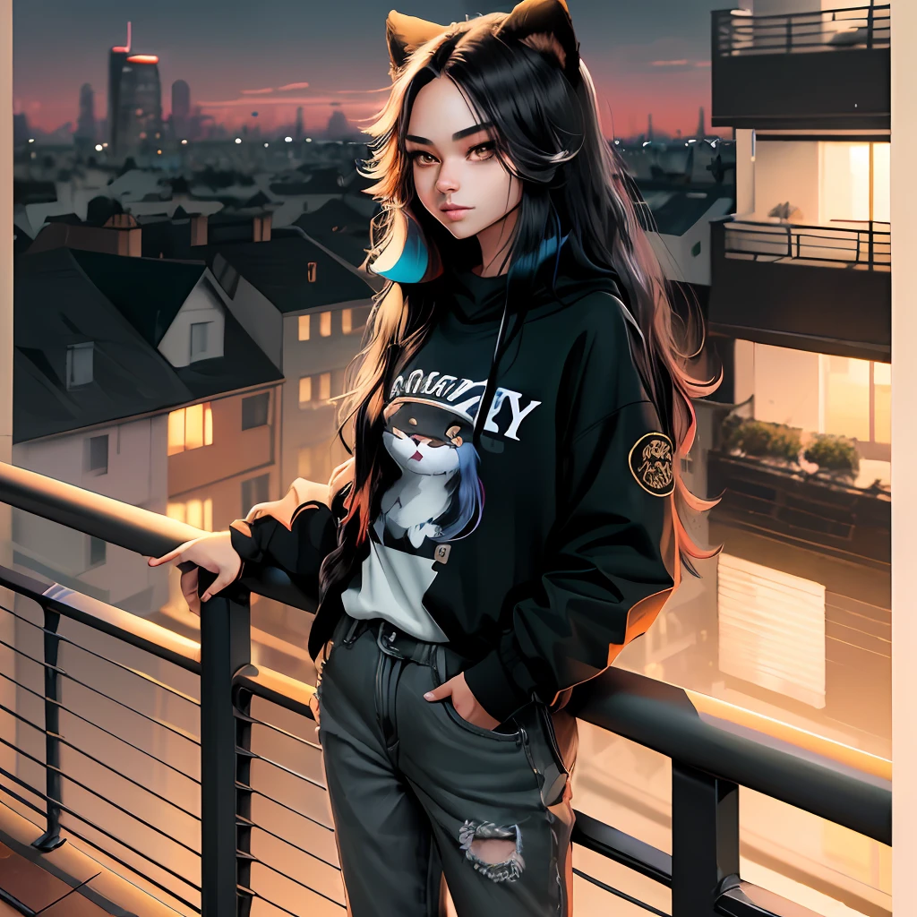 furry fantasy art, very very beautiful furry art, of anthro otter, furry art,, furry art!! shiba female furry, anthropomorphic, fursona, furry, ((dark black fur)), fully clothed, casual, baggy clothes, (background is bright and colorful balcony), nighttime, (standing on a balcony), (leaning against handrail) slim, skinny, (((long hair))