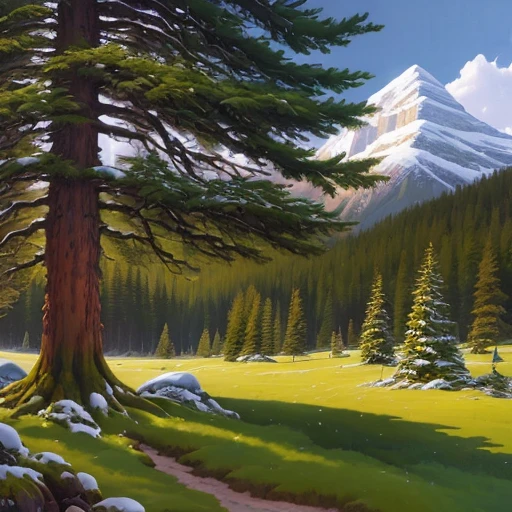 A hyper-realistic oil painting of a majestic spruce tree, set in summer with vivid colors and sharp focus. The fantasy style of the artwork is influenced by Angus McBride's work with a weighting of 1.5