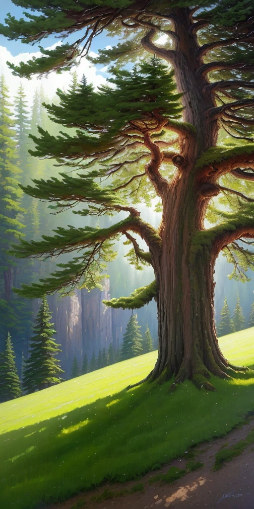 A hyper-realistic oil painting of a majestic spruce tree, set in summer with vivid colors and sharp focus. The fantasy style of the artwork is influenced by Angus McBride's work with a weighting of 1.5