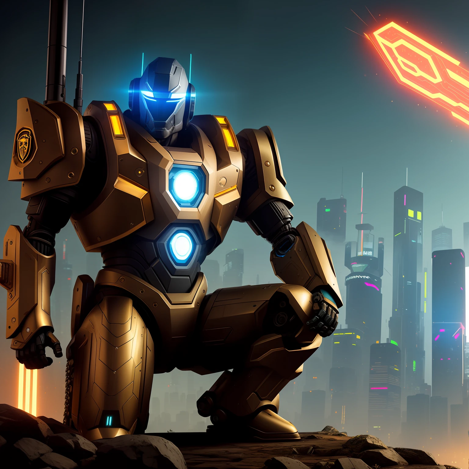 (Cyberpunk style, robot, high-quality graphics) The male robot kneels on one knee on the rough terrain, with a big shield in his hand, wearing a dark gold luxurious shell, surrounded by natural smoke, exuding a mysterious and Deep breath. Shield, metal shield, shield in hand
