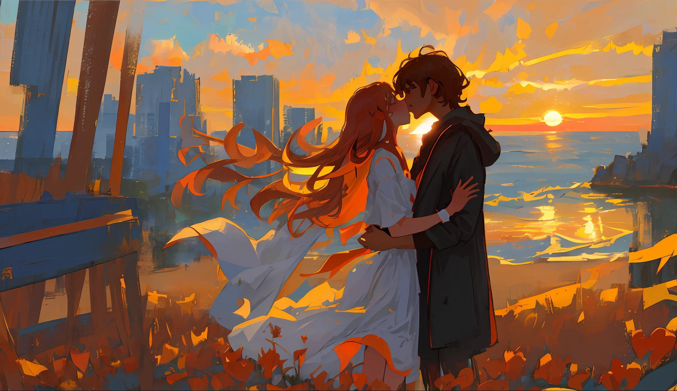 (masterpiece, ultra-detailed),high color temperature, warm hues, (2 lovers), silhouetted, ?????????, passionate, love intense, sun sets, sky, horizon, long shot