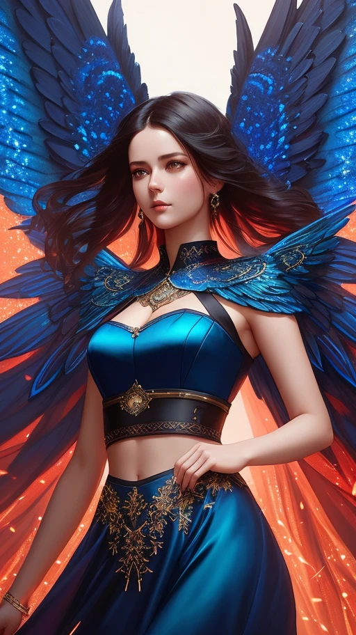 modelshoot style, the most beautiful  artwork in the world featuring a (gothic angel cute woman:1.2), ((exposed midriff)), (( blue and red dress:1.2)) infront of a gorgeous glowing forest full of fireflies flying around, large detailed wings, (dark force:1.3), 35mm lens, f/1.8, 8K, clear facial features, (cinematic action scene:1.2), accent lighting, global illuminatio, trending on ArtStation, trending on CGSociety, Intricate, High Detail, Sharp focus, (dramatic:1.1), photorealistic painting art by midjourney and greg rutkowski