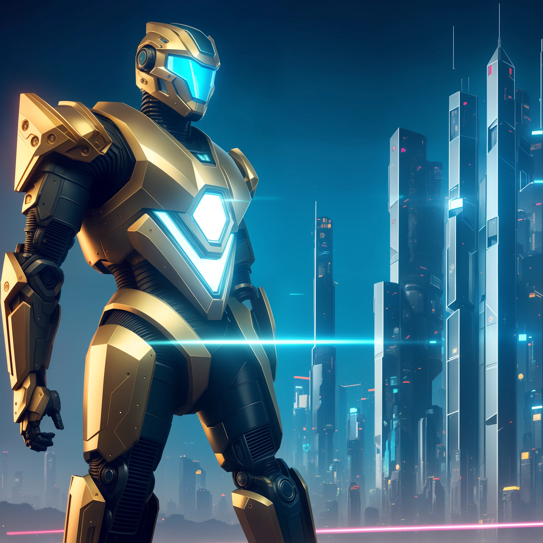(cyberpunk style, robot, high quality graphics) with a big shield on his hand. Shield, metal shield with shield in hand, Alpha Wolf - futuristic biomechanical robot, beautiful natural soft light, rim light, golden fractal details, metallic fine lace, muscular build, mandelbot fractal anatomy, diamonds, facial muscles, elegant, ultra-detailed, metal armor, octane rendering,