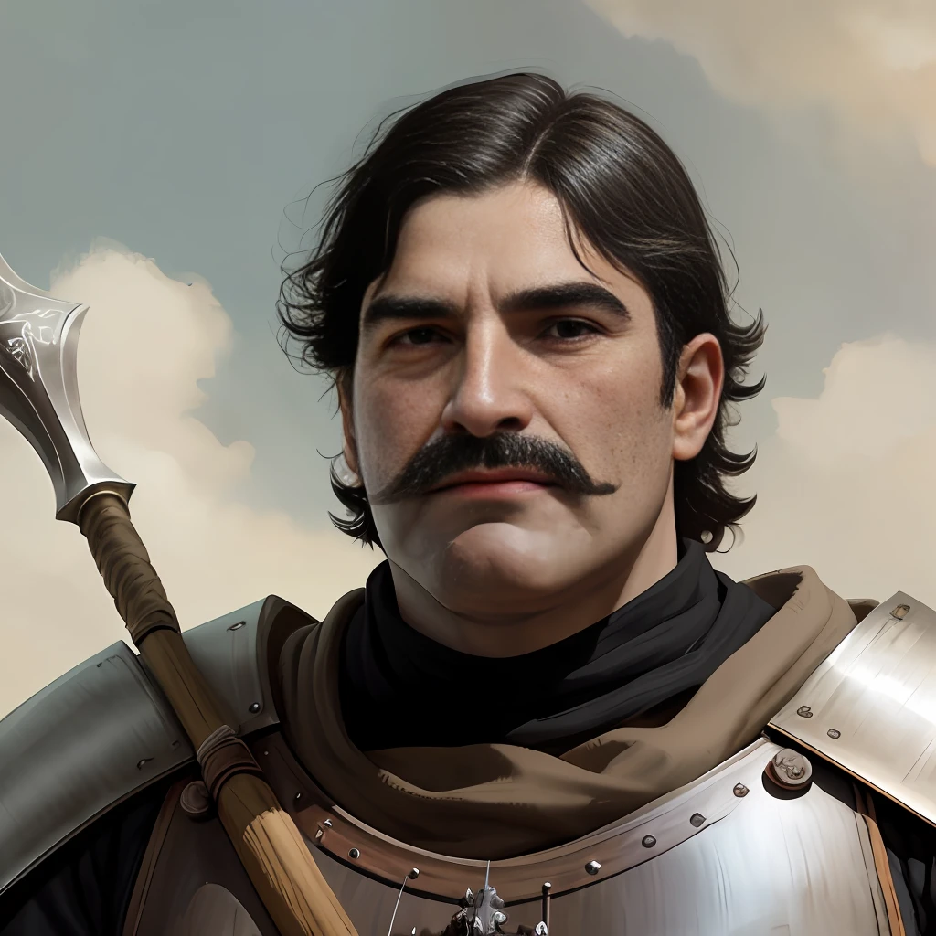 Portrait of a stocky male medieval knight with a javelin in his right hand, stern features, weathered features, large nose, unshaven, short dark moustache:0.1, short dark hair:1.5, 2D concept art, 8k, old retro pulp, vintage fantasy, retro fantasy, by angus mcbride:1.5, sharp focus, dramatic, muted natural colours, exceptionally high details