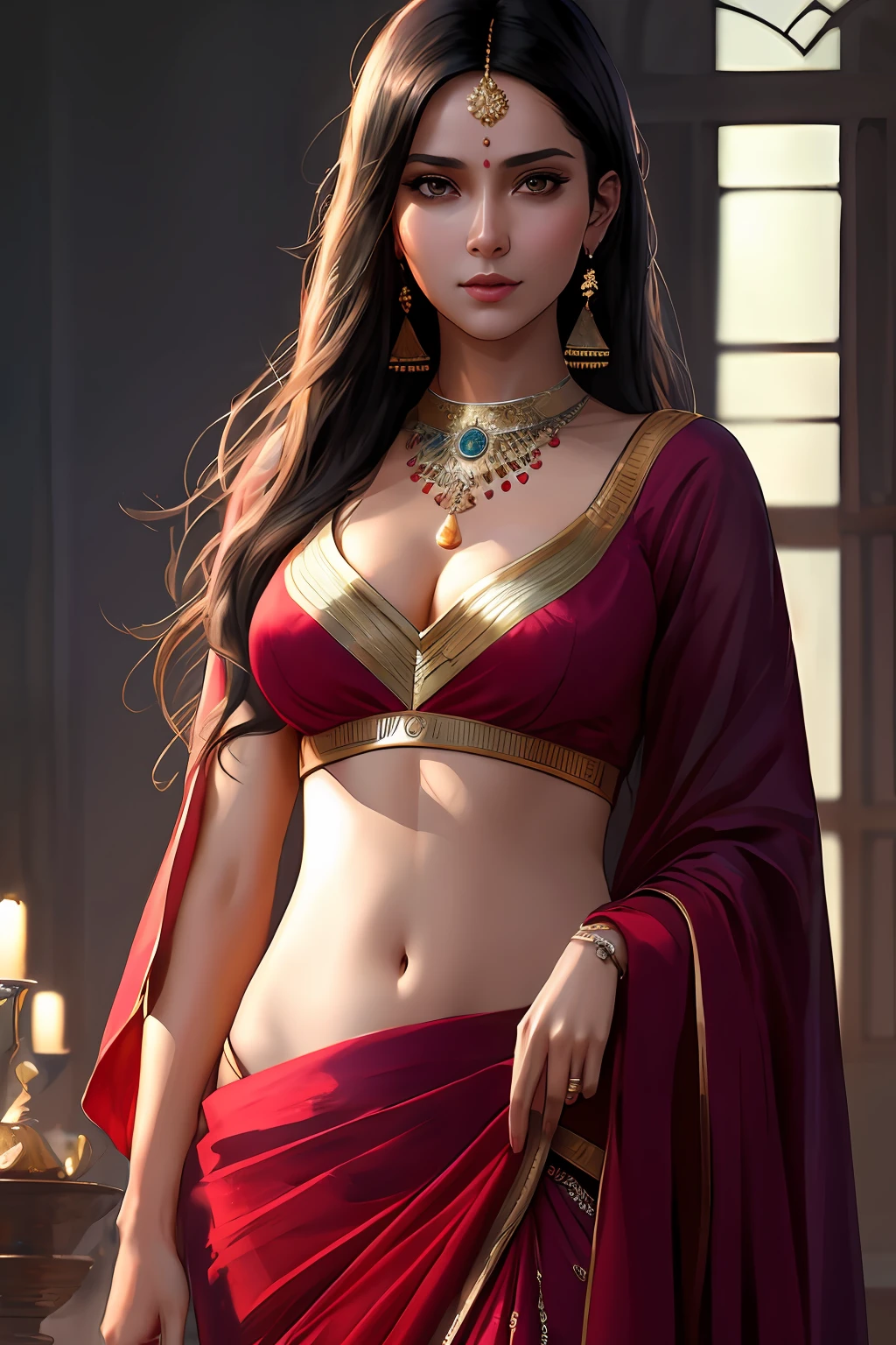 modelshoot style, (extremely detailed CG unity 8k wallpaper), full shot body photo of the most beautiful artwork in the world, stunningly beautiful photo realistic cute women in saree (navel:1.5), professional majestic oil painting by Ed Blinkey, Atey Ghailan, Studio Ghibli, by Jeremy Mann, Greg Manchess, Antonio Moro, trending on ArtStation, trending on CGSociety, Intricate, High Detail, Sharp focus, dramatic, photorealistic painting art by midjourney and greg rutkowski