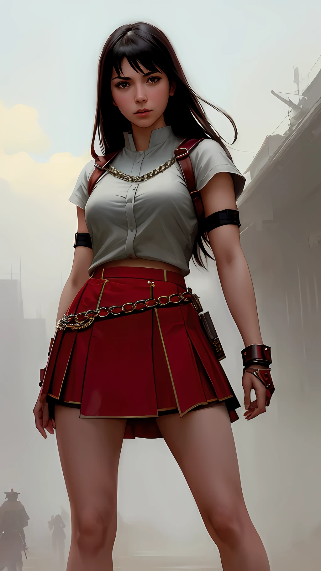 stunningly beautiful photo realistic cute girl warrior in skirt , using red chains, with red arms, Atey Ghailan, by Jeremy Mann, Greg Manchess, Antonio Moro, trending on ArtStation, trending on CGSociety, Intricate, High Detail, Sharp focus, dramatic, photorealistic painting art by midjourney and greg rutkowski