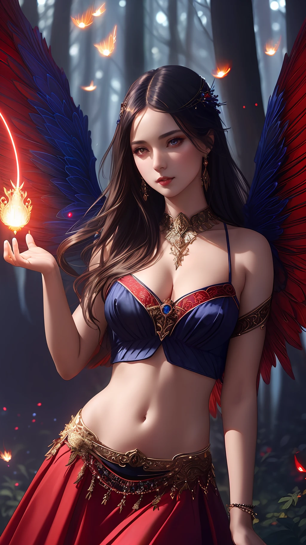 modelshoot style, the most beautiful artwork in the world featuring a (gothic angel cute woman in skirt:1.2), ((navel :1.5)), (( red and indigo dress:1.2)) sexy pose infront of a gorgeous glowing forest full of fireflies flying around, large detailed wings, (dark force:1.3), 35mm lens, f/1.8, 8K, clear facial features, (cinematic action scene:1.2), accent lighting, global illuminatio, trending on ArtStation, trending on CGSociety, Intricate, High Detail, Sharp focus, (dramatic:1.1), photorealistic painting art by midjourney and greg rutkowski