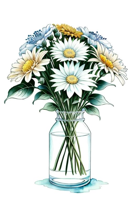create a Minimalist Line art with a watercolor Splash of a bouquet of wildflowers on a white background