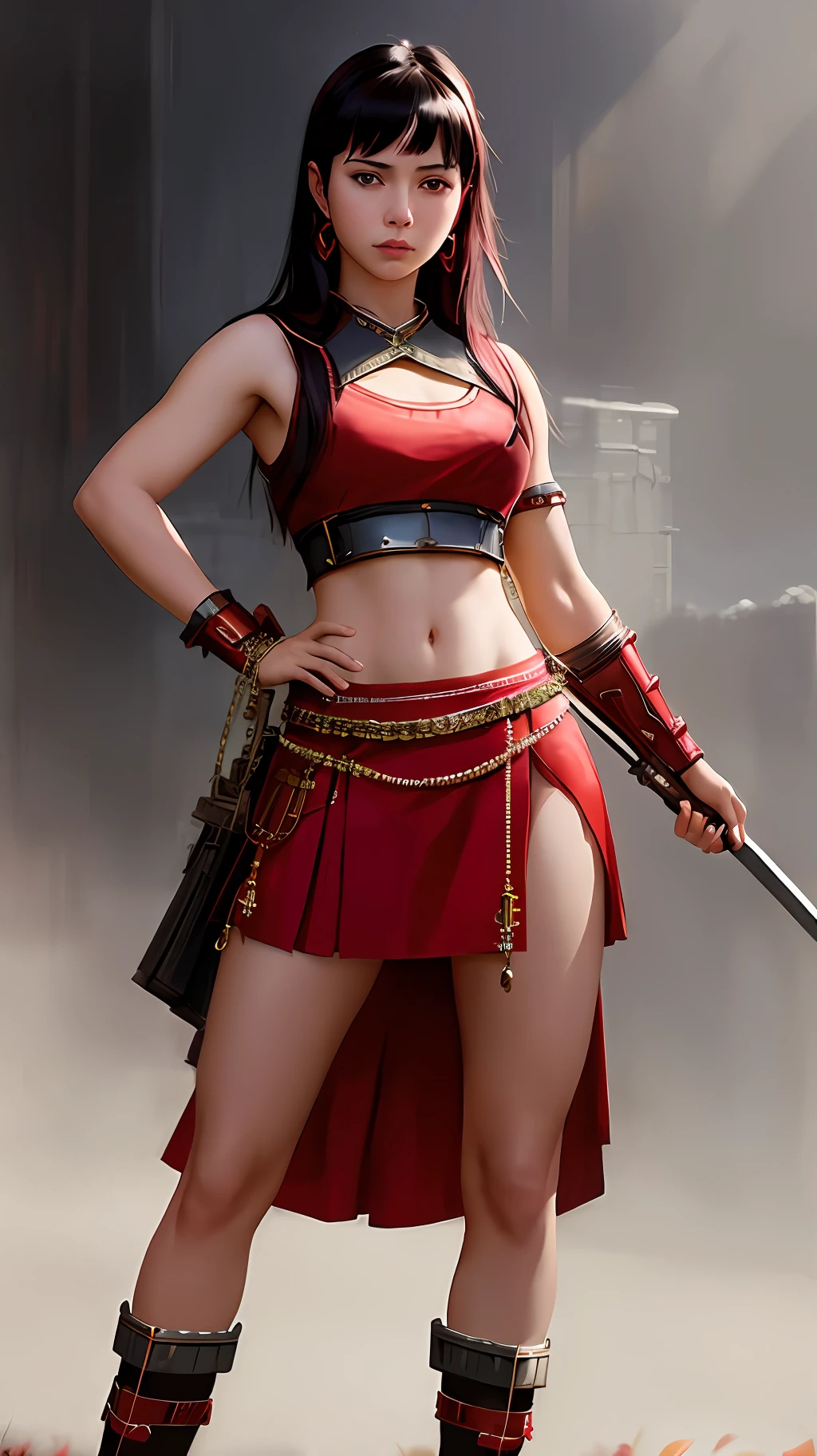 stunningly beautiful photo realistic cute warrior in skirt , using red chains, with red arms, Atey Ghailan, by Jeremy Mann, Greg Manchess, Antonio Moro, trending on ArtStation, trending on CGSociety, Intricate, High Detail, Sharp focus, dramatic, photorealistic painting art by midjourney and greg rutkowski