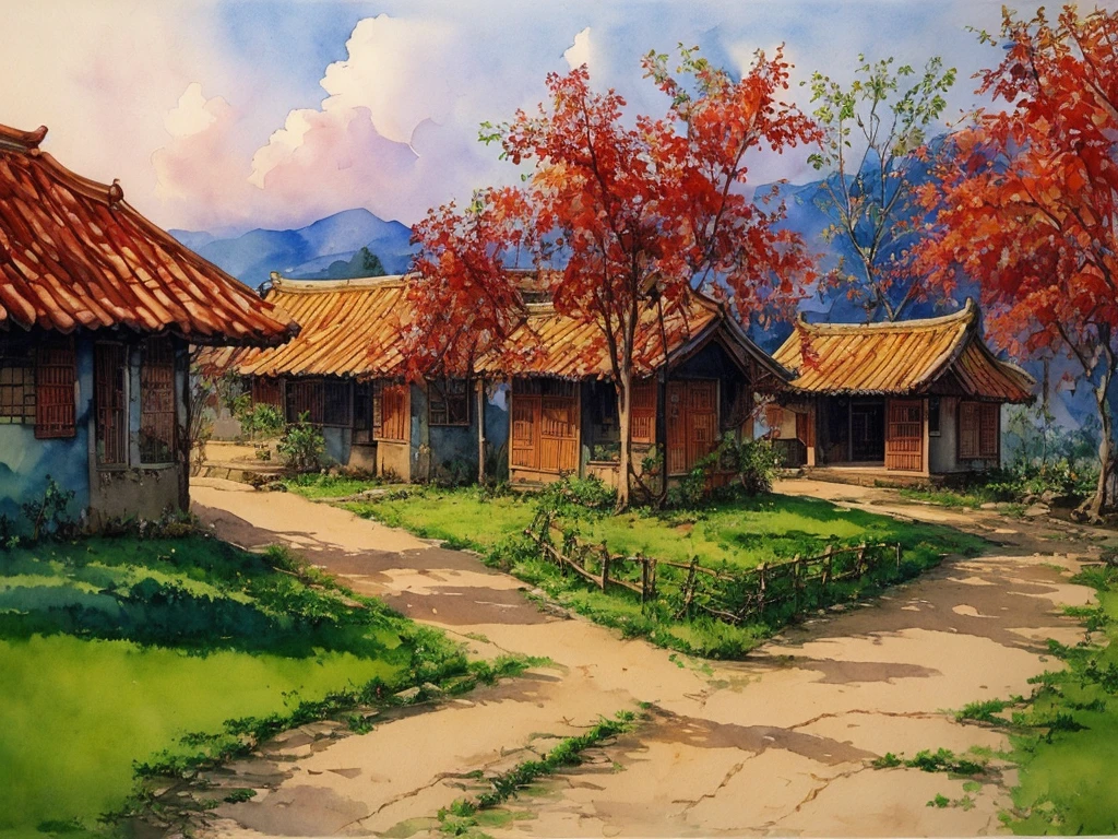 Ilya Viktorovich Ibryaev, famous Russian watercolor painter, watercolor painting, Tyndall effect, watercolor painting, Chinese rural house path, trees, cloudy sky, shade, rich colors
