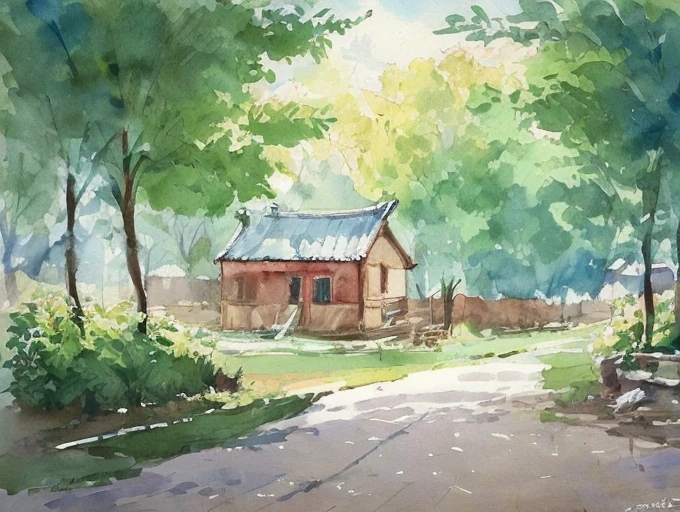 Ilya Viktorovich Ibryaev, famous Russian watercolor painter, watercolor painting, Tyndall effect, watercolor painting, Chinese rural house path, trees, cloudy sky, shade, rich colors