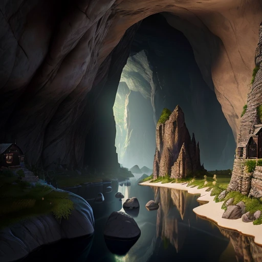 photorealistic interior of big nature rock cave with small gothic village, underground stream, masterpiece, ultra high res, (photorealistic:1.4), cinema lighting, insanely detailed,, hyper realistic, intricate design, fine details, octane render