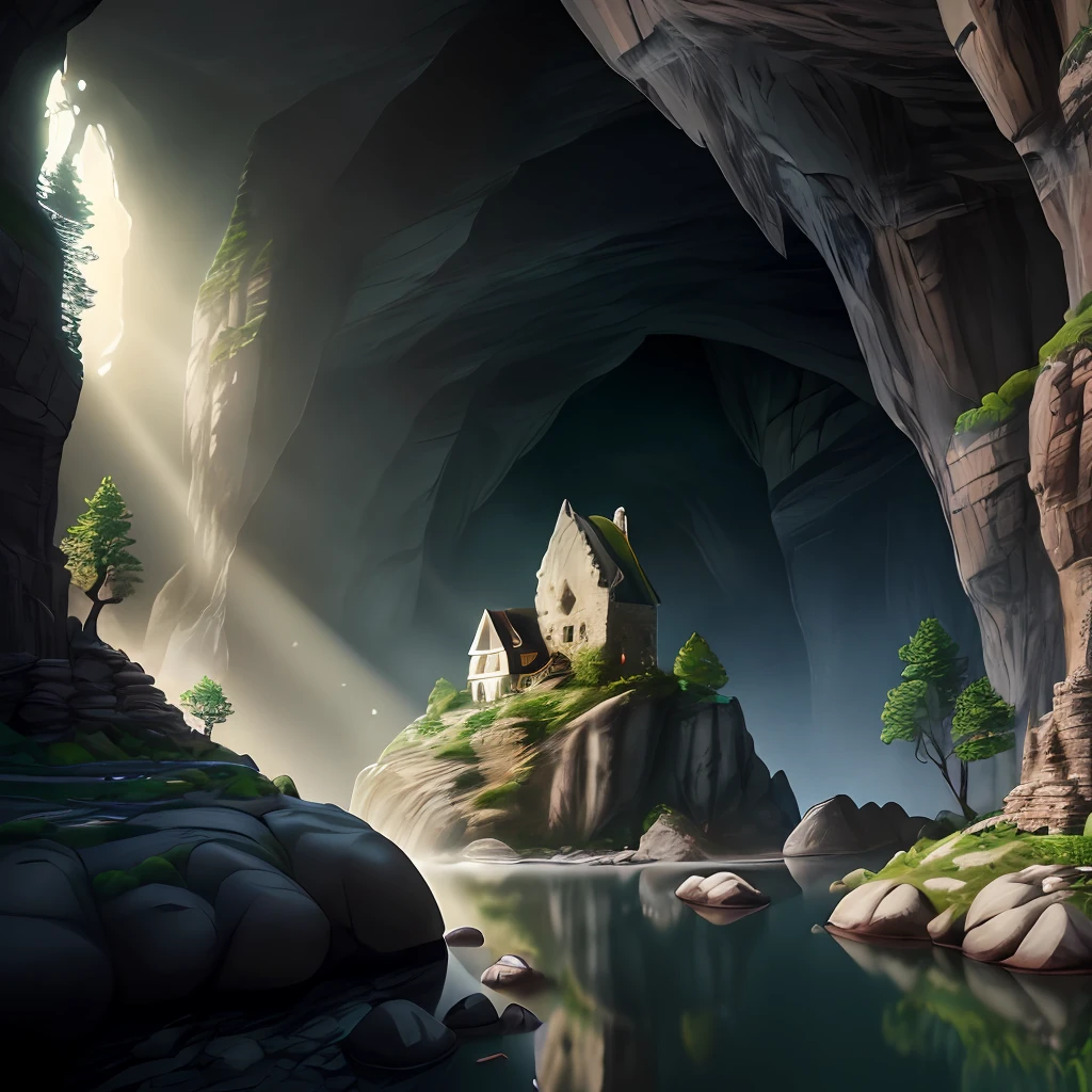 photorealistic interior of big nature rock cave with small gothic village, underground stream, masterpiece, ultra high res, (photorealistic:1.4), cinema lighting, insanely detailed,, hyper realistic, intricate design, fine details, octane render