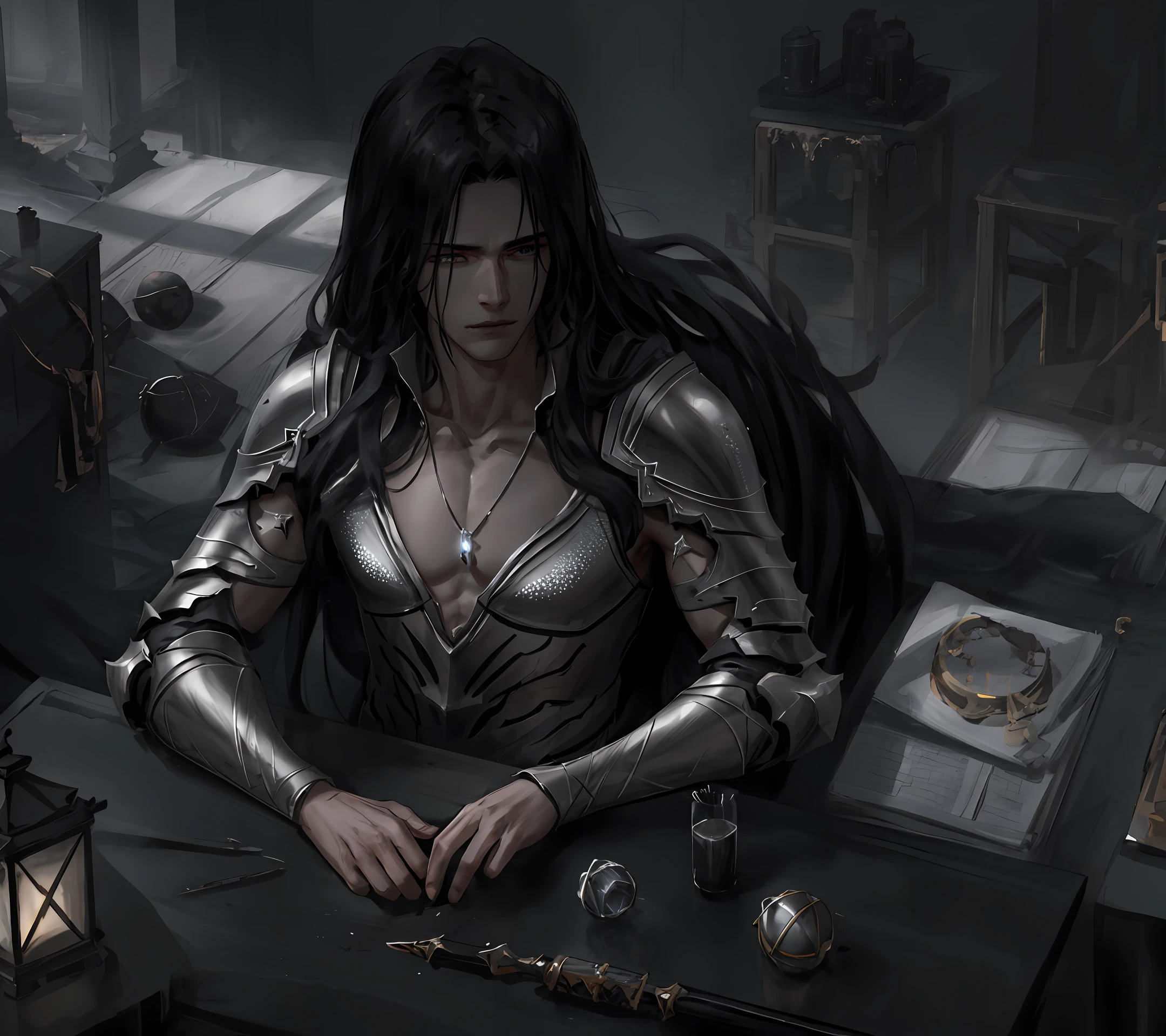 [hyper realistic:(unreal engine):realistic:,0.5,0.99], handsome 1 boy,(handsome face),(Sky), clouds (dark magic: 1.2), evil assassin, mature, domineering,(muscle), Knight costume, oiled skin, upper body, looking at viewer, long hair, black hair, (volumetric lighting), atmospheric perspective, dust particles, light axis, (e_foxy:0.7), m_wlop, (e_landscape:0.7)