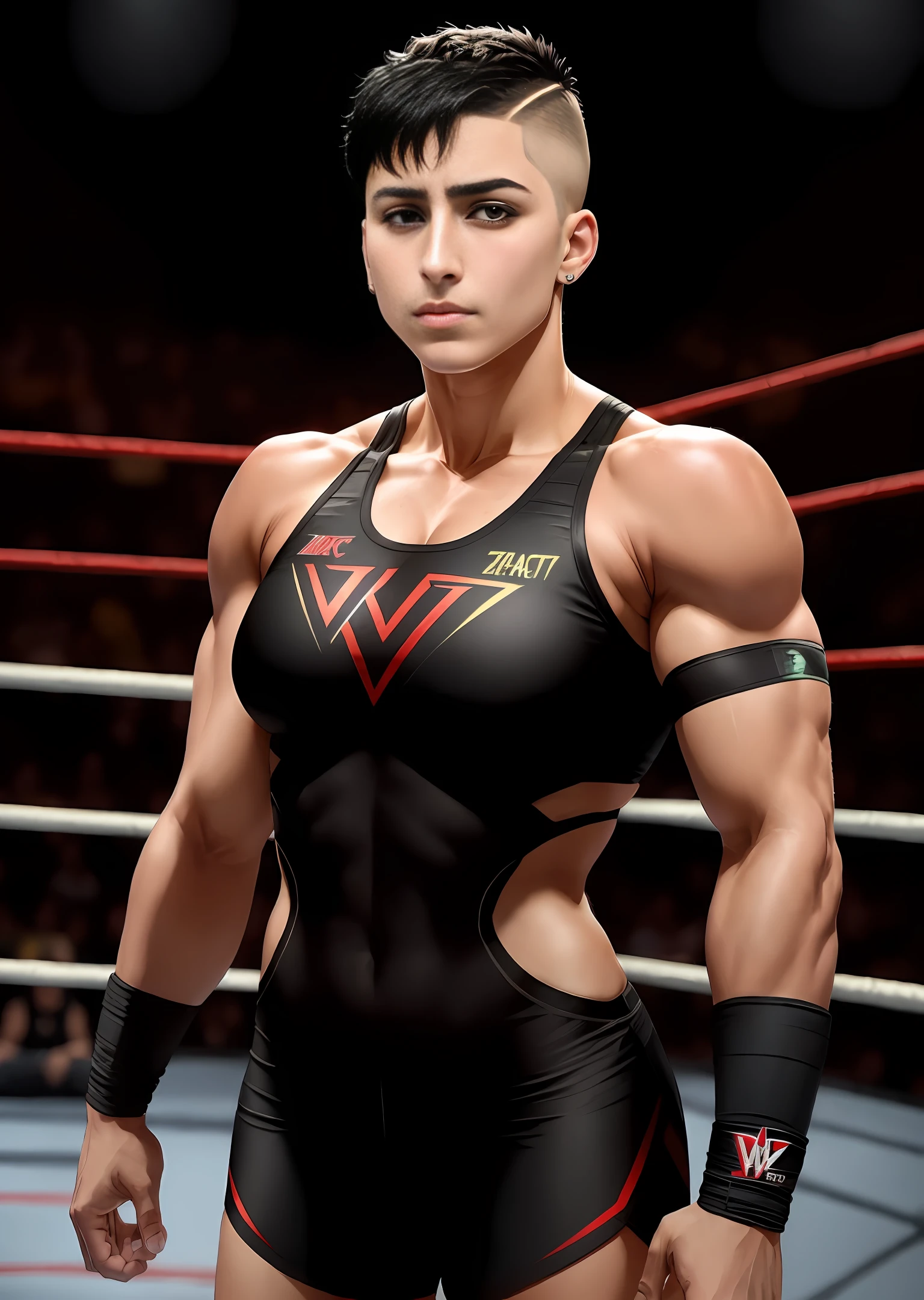 WWE Female Wrestler Rhea Ripley( Black Hair Short Buzz Cut on the sides)