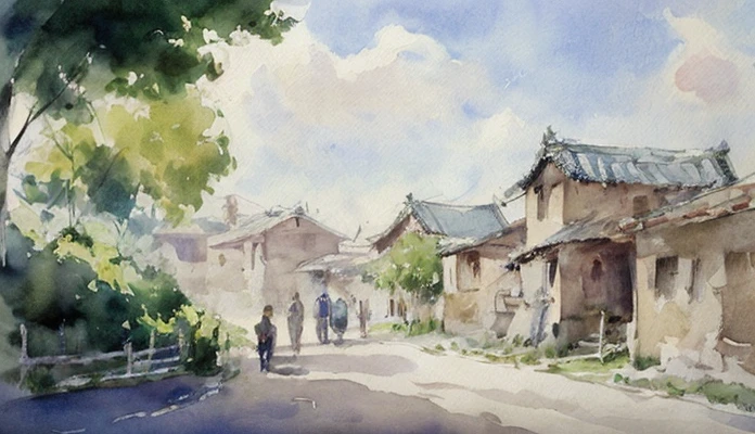 More details, Ilya Viktorovich Ibryaev, famous Russian watercolor painter, watercolor painting, Tyndall effect, watercolor painting, Chinese rural house path, trees, cloudy sky, shade, rich colors