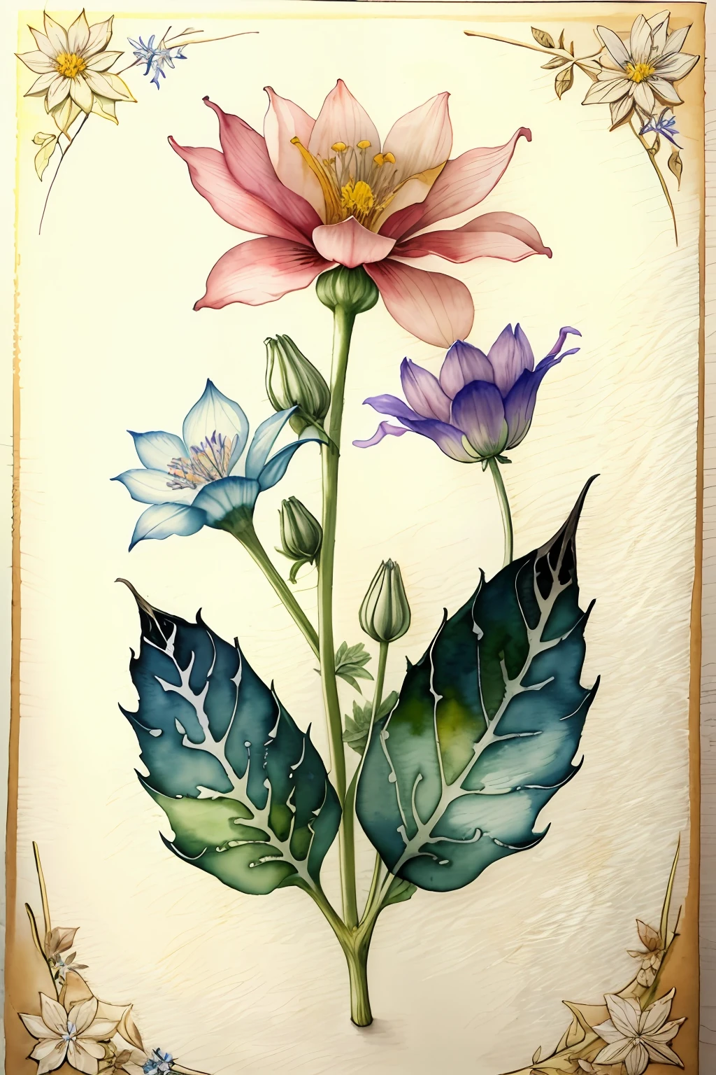 A delicate watercolor painting of a single wildflower, each petal and leaf rendered in intricate detail, with subtle washes of color creating a sense of depth and movement.