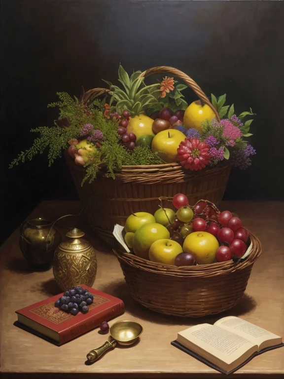masterpiece, best quality, high quality, extremely detailed CG Unity 8k wallpaper, two fruit baskets and a book on the table, Vladimir Borovikovsky's still life, polygraph competition winner, hyperrealism, still life, renato muccillo, fruits and flowers, vintage, photorealistic oil on canvas, sergey krasovsky, nikolay kopeikin, maxim sukharev, fruk, photorealistic, extremely detailed, artstation trends, CGsociety trends, intricate, highly detailed, dramatic, midway art And a masterpiece, best quality, high quality, 8k uhd, dslr, soft lighting, high quality, film grain, Fujifilm XT3