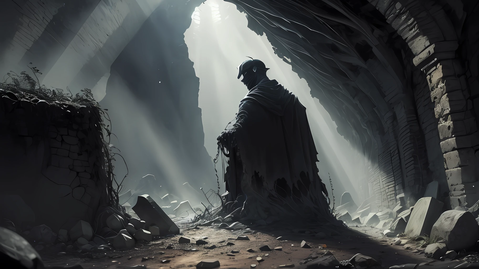Underground, cave, tombstone, dark and deep, horror, spider, evil, cobweb, space refraction, super fine, cobweb, strong contrast, cold light on the left, warm light on the right, backlight, sharp, underground ruins