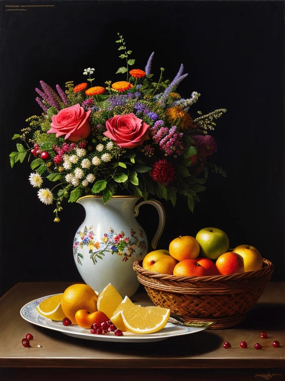masterpiece, best quality, high quality, extremely detailed CG Unity 8k wallpaper, two fruit baskets and a book on the table, Vladimir Borovikovsky&#39;s still life, polygraph competition winner, hyperrealism, still life, renato muccillo, fruits and flowers, vintage, photorealistic oil on canvas, sergey krasovsky, nikolay kopeikin, maxim sukharev, fruk, photorealistic, extremely detailed, artstation trends, CGsociety trends, intricate, highly detailed, dramatic, midway art And a masterpiece, best quality, high quality, 8k uhd, dslr, soft lighting, high quality, film grain, Fujifilm XT3