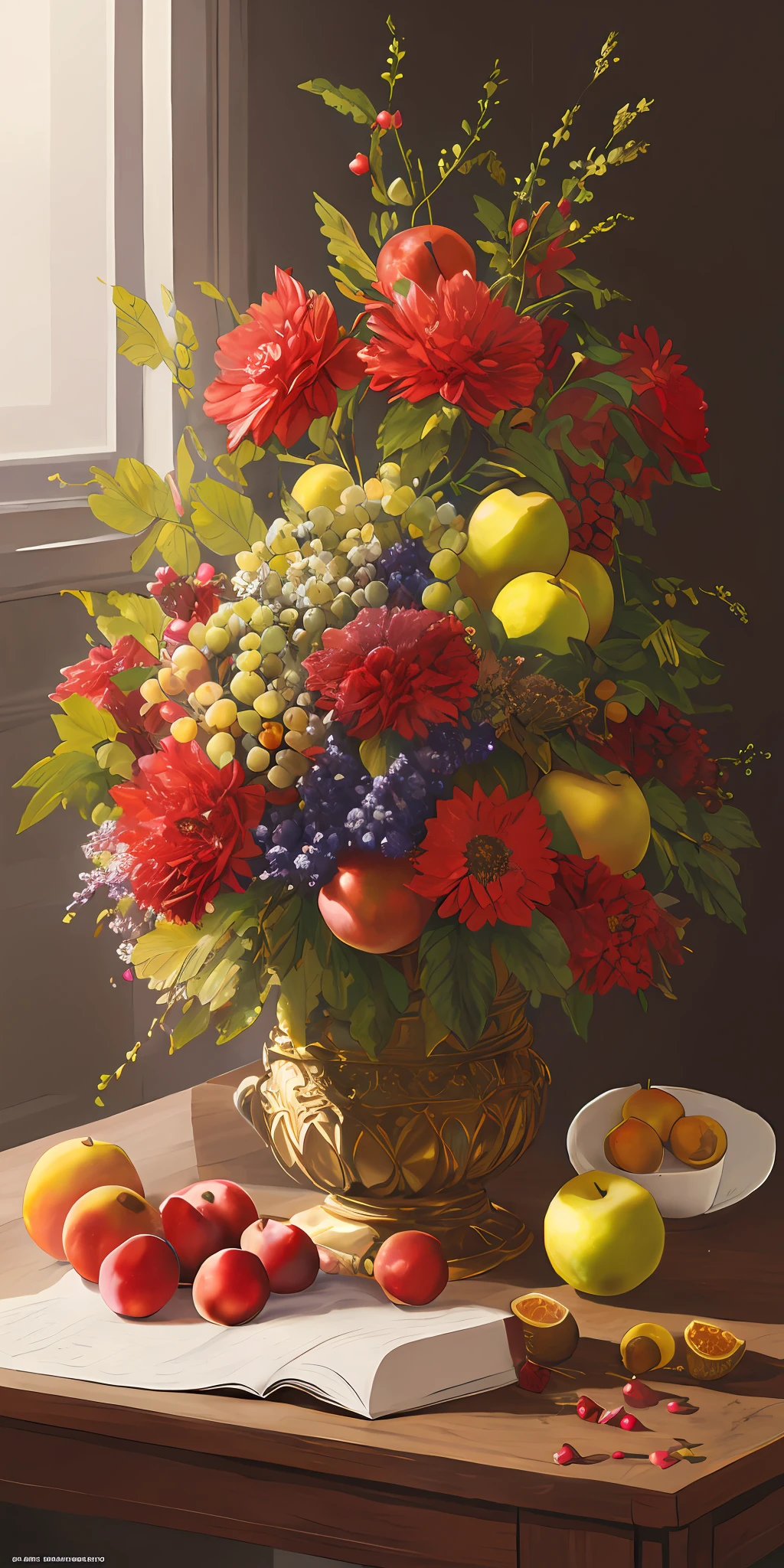 masterpiece, fruit basket and book on the table, still life, renato muccillo, fruits and flowers, harvest, photorealistic oil on canvas, sergey krasovsky, Vladimir Borovikovsky, nikolay kopeikin, Kim Hwangi, Illarion Pryanishnikov, Jason Benjamin fruit, photorealistic, extremely detailed, artstation trends, CGsociety trends, Intricate, highly detailed, dramatic, intermediate art And a masterpiece, best quality, high quality, hoarfrost on fruit, patina