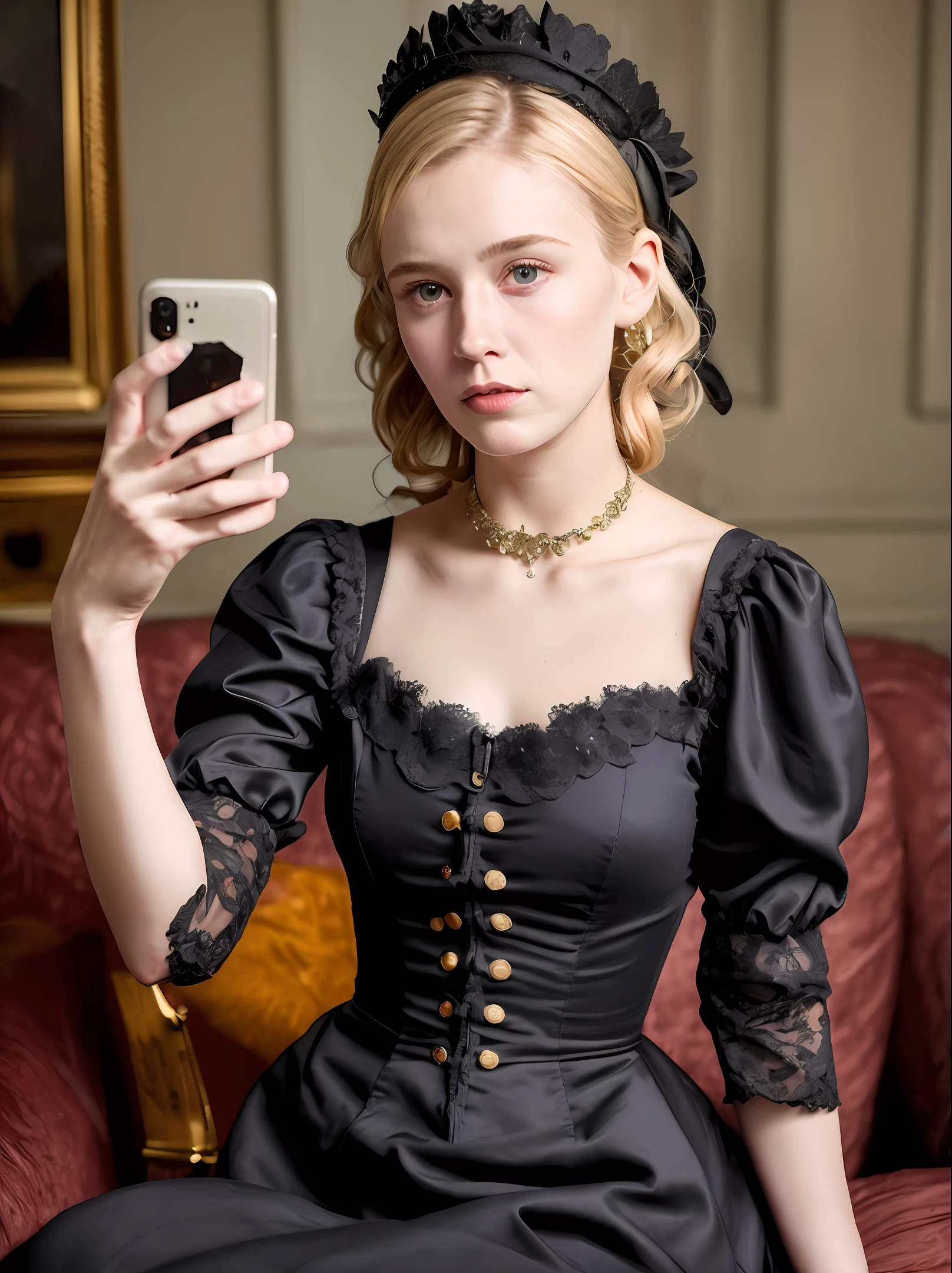 portrait of a 28-year-old blonde French woman from 1940, period dress, genuine leather, sitting takes a selfie like a smartphone, (living room with period furniture, moody soft light: 1.2)