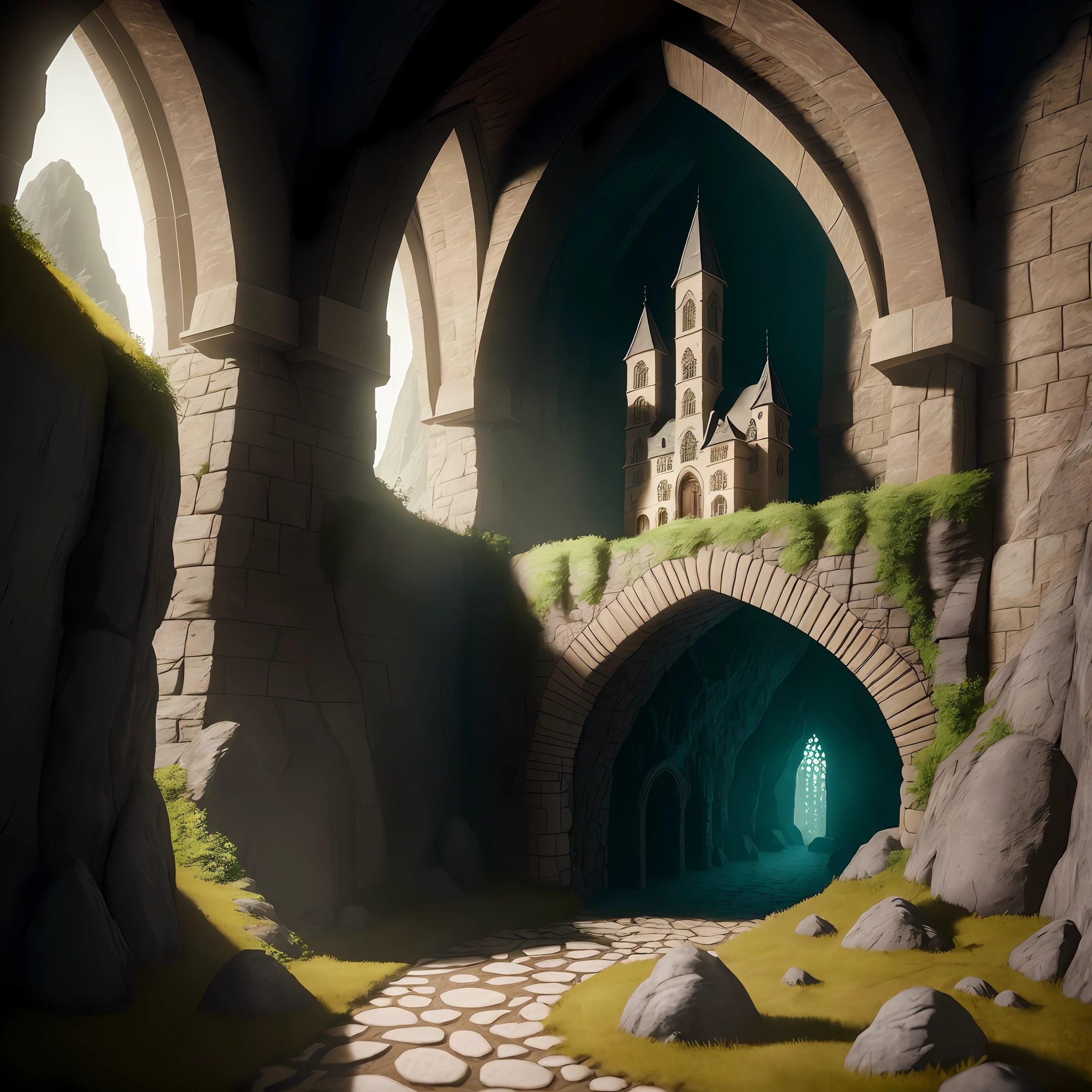 photorealistic interior of big nature rock cave with small gothic village with multi-storey cellars, underground stream, masterpiece, ultra high res, (photorealistic:1.4), cinema lighting, insanely detailed,, hyper realistic, intricate design, fine details, octane render