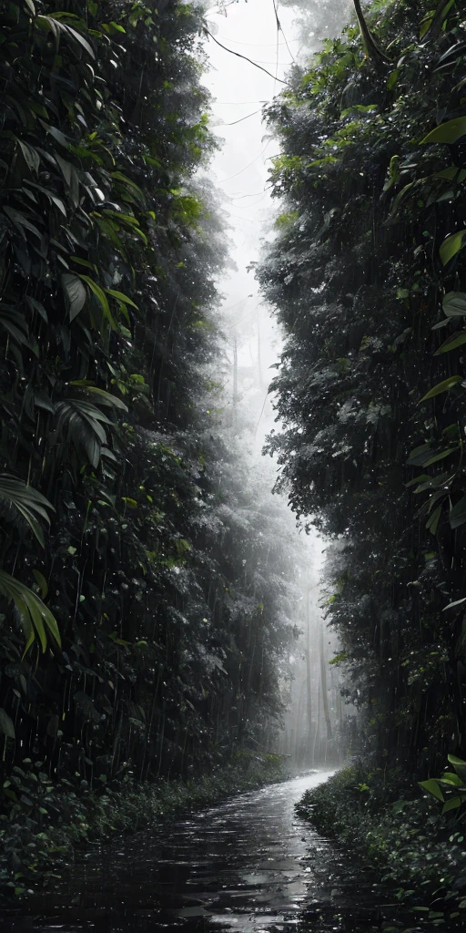 Jungle, with intense rains, monochrome, vines all around, giant and wet trees, masterpiece, best quality, high quality, extremely detailed CG unity 8k wallpaper, oil painting, award-winning photography, bokeh, depth of field, HDR, flowering, Chromatic aberration, photorealistic, very detailed, popular on artstation, popular at CGety Society, sophisticated, high detail, dramatic, mid-way art, surround lighting