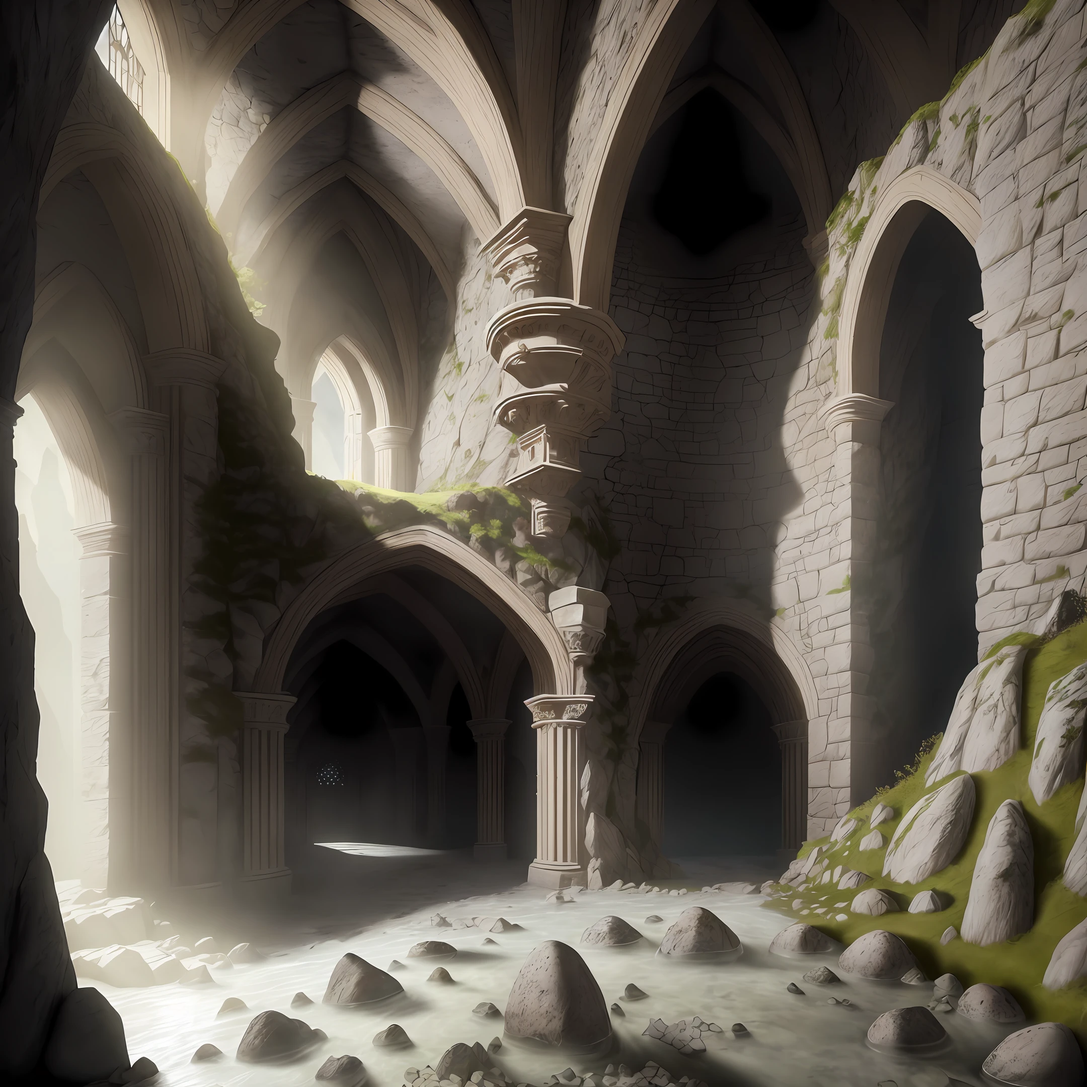 photorealistic interior of big nature marble rock cave, inside is small gothic village with visible multi-storey cellars, underground stream, masterpiece, ultra high res, (photorealistic:1.4), cinema lighting, insanely detailed,, hyper realistic, intricate design, fine details, octane render