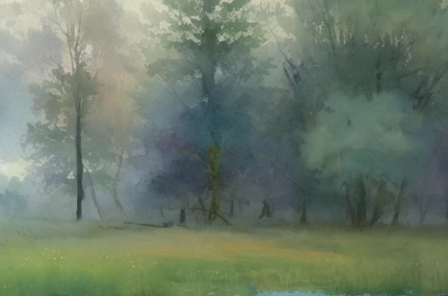 Freelance artist, Tyndall, Ilya Viktorovich Ibryaev, famous Russian watercolor painter, woods, watercolor painting, sky with rain and fog, grass, plants, hazy, dreamy, a little sunlight through the fog