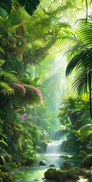 Detailed and intricate digital rendering of a dense jungle with exotic plants and animals. Sunlight penetrating the canopy creates a mottled effect. In the style of Yoshitaka Amano and Hayao Miyazaki, a masterpiece, proportional, detailed, popular on artstation, beautiful lighting, realistic, intricate, award-winning, 4k, the highest quality