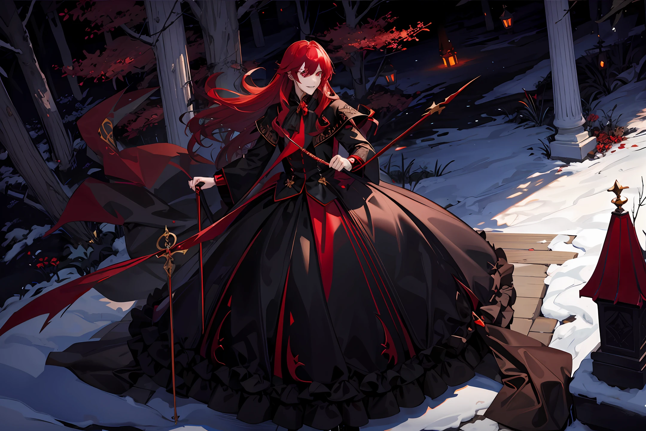 vampire prince male , tall , handsome, red eyes , fangs , scary beautiful smile , vampire prince dress , long red colour hair ,full body , scary vampire palace at background, dark forest , moon light view altogether