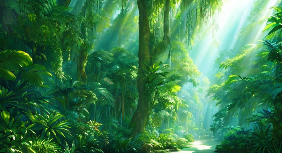 Detailed and intricate digital rendering of a dense jungle with exotic plants and animals. Sunlight penetrating the canopy creates a mottled effect. In the style of Yoshitaka Amano and Hayao Miyazaki, a masterpiece, proportional, detailed, popular on artstation, beautiful lighting, realistic, intricate, award-winning, 4k, the highest quality