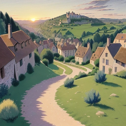 (masterpiece), a drawing of a French medieval village on a hill, sunset, line art in colour, (ligne claire, strong lines, no hatching), (((by Edgar P. Jacobs))), by Jacques Martin, www.dargaud.com/bd/blake-mortimer?
