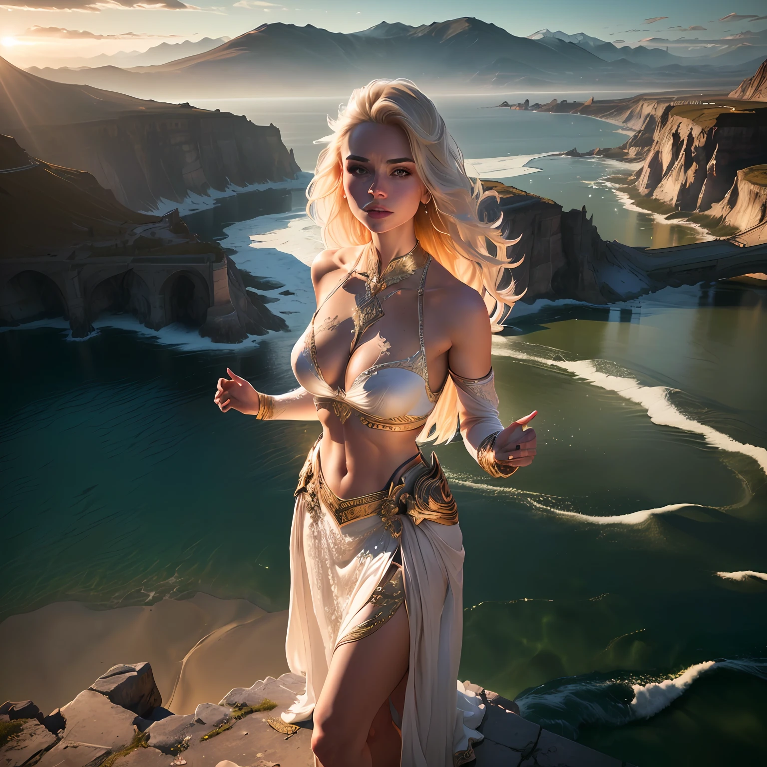 woman in dress, midriff exposed, dramatic lighting, highest quality, evil, Cinematic lighting, hands raised, standing over city, (((top view))), toned body, perfect face, looking at viewer, detailed background, (detailed skin), [freckles], natural lighting, (direct light:0.4), 8mm film grain, photographed on a Sony a9 II, 24mm lens, F/2.8 aperture, deep focus, (RAW), 8k